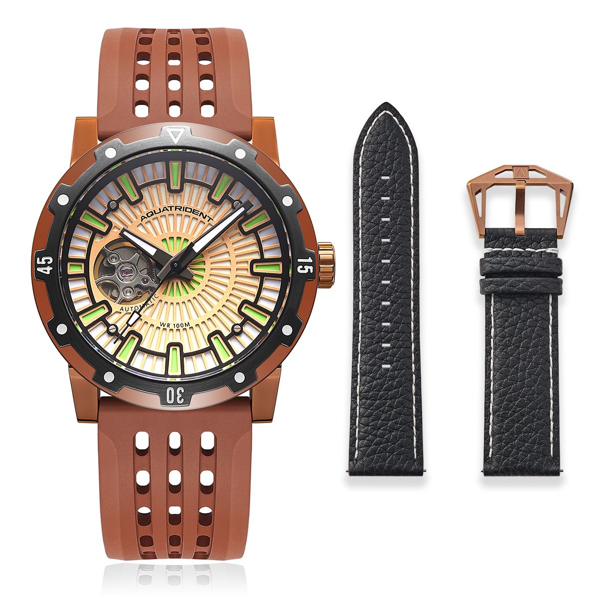 Horizon Watch. Full Lume Dial. Brown Fluororubber and Black Genuine Leather Strap. 43mm. AQ-23012-01