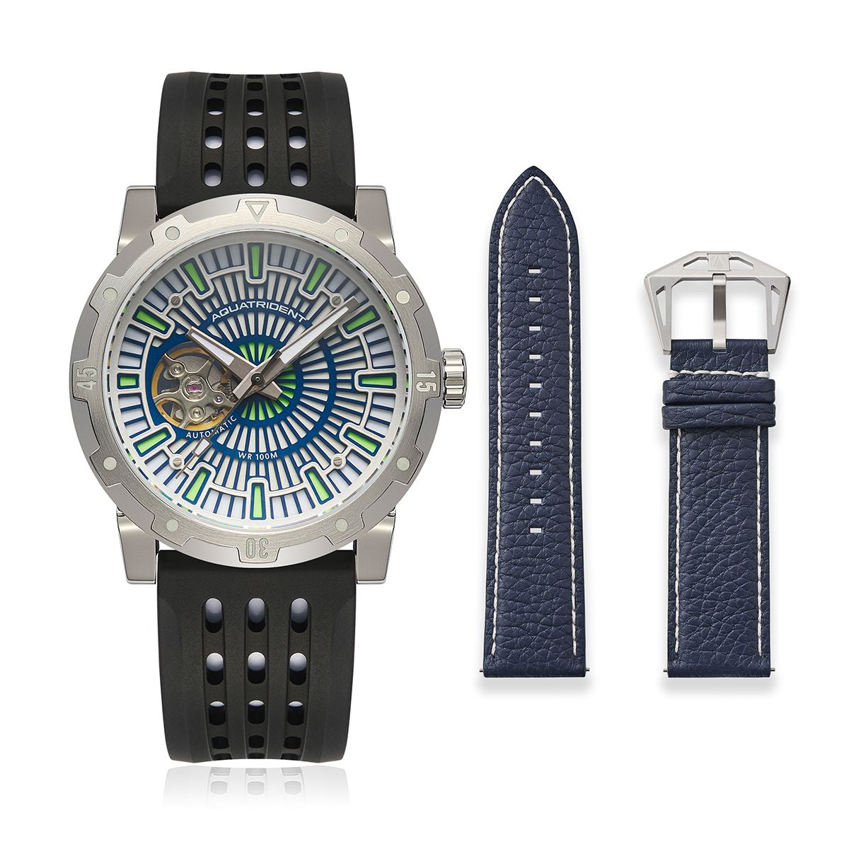 Relojes Aquatrident Diver AQ-22151-02, Caucho fluorado negro, Resistente al agua 10 ATM, Ø40 mm 