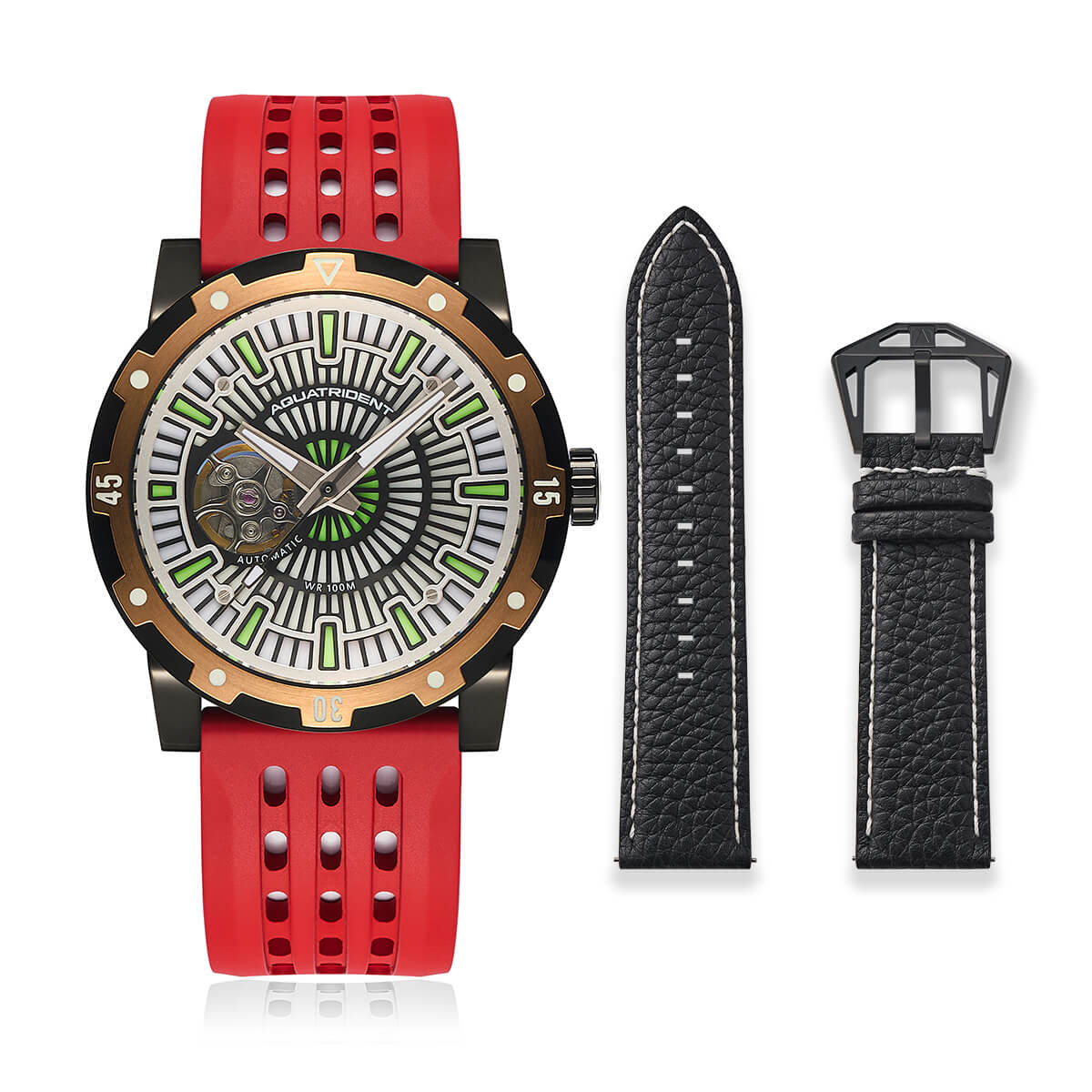 Horizon Watch. Full Lume Dial. Red Fluororubber and Black Genuine Leather Strap. 40mm. AQ-23006-03