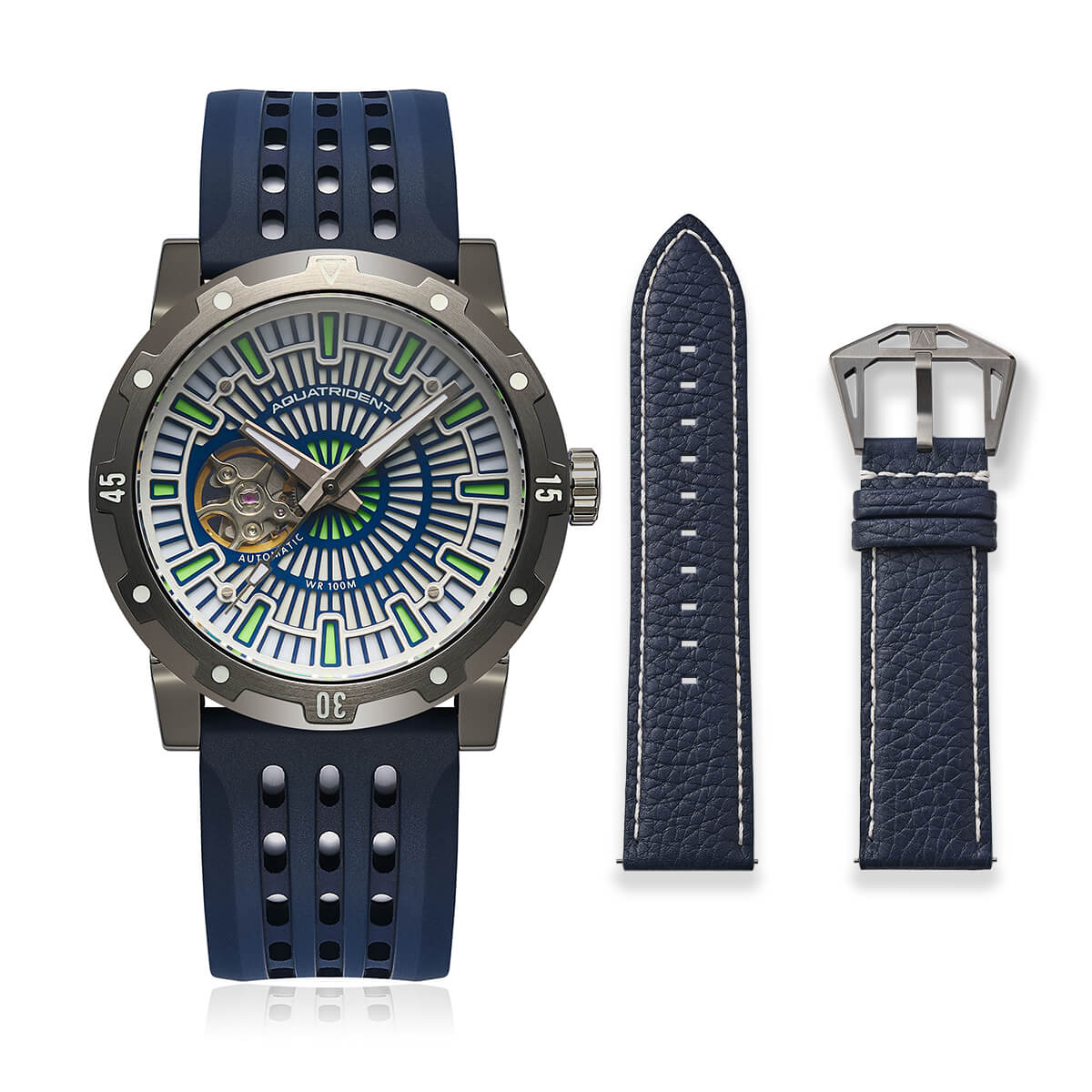 Relojes Aquatrident Diver AQ-22151-04, caucho fluorado azul, resistente al agua 10 ATM, Ø40 mm 