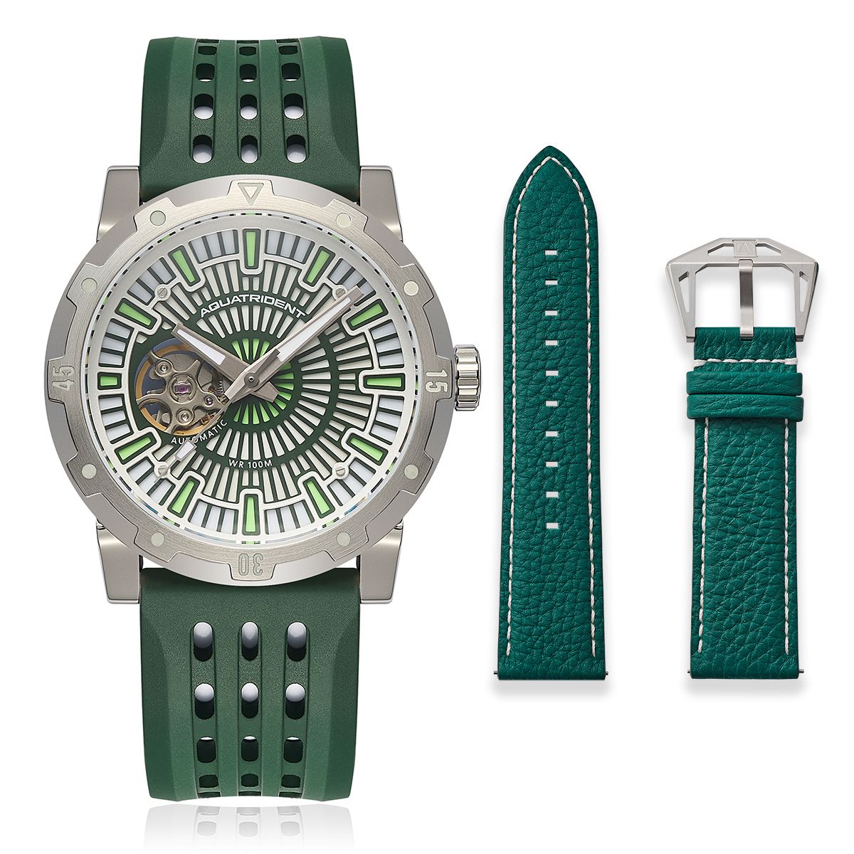 Montres de plongée Aquatrident AQ-22151-05, caoutchouc fluoré vert, résistant à l'eau 10 ATM, Ø40 mm 