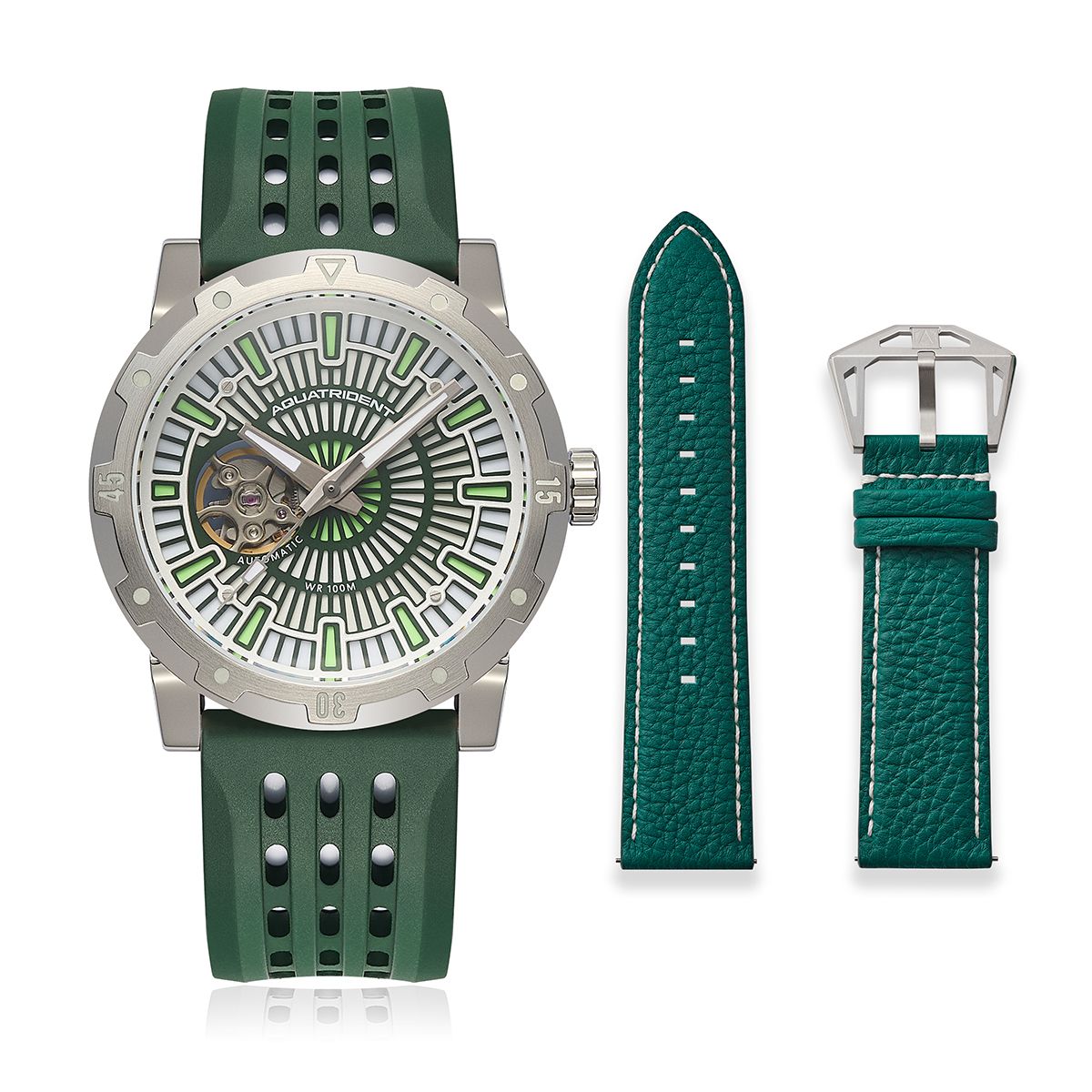 Horizon Watch. Full Lume Dial. Green Fluororubber and Green Genuine Leather Strap. 40mm. AQ-23006-05