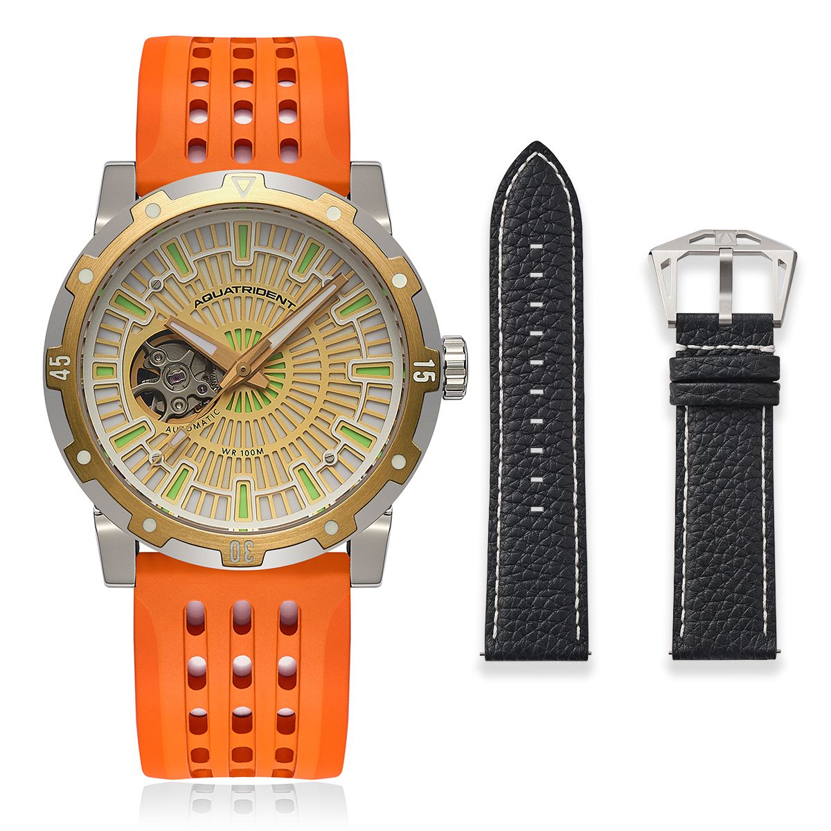 Horizon Watch. Full Lume Dial. Orange Fluororubber and Black Genuine Leather Strap. 43mm. AQ-23012-06