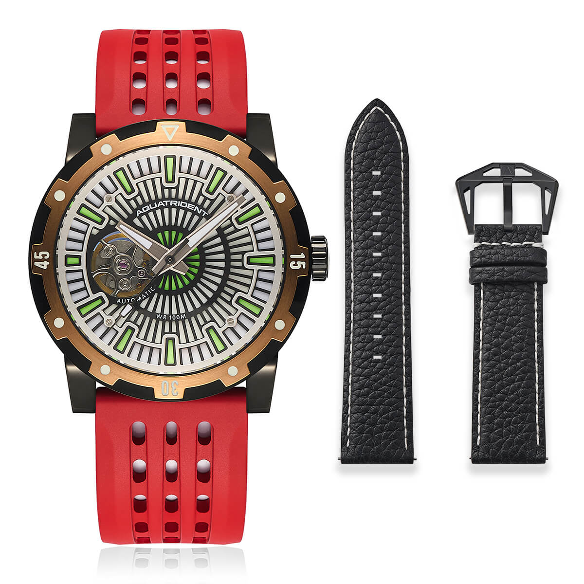 Relojes Aquatrident Diver AQ-22151-03, caucho fluorado rojo, resistente al agua 10 ATM, Ø40 mm 