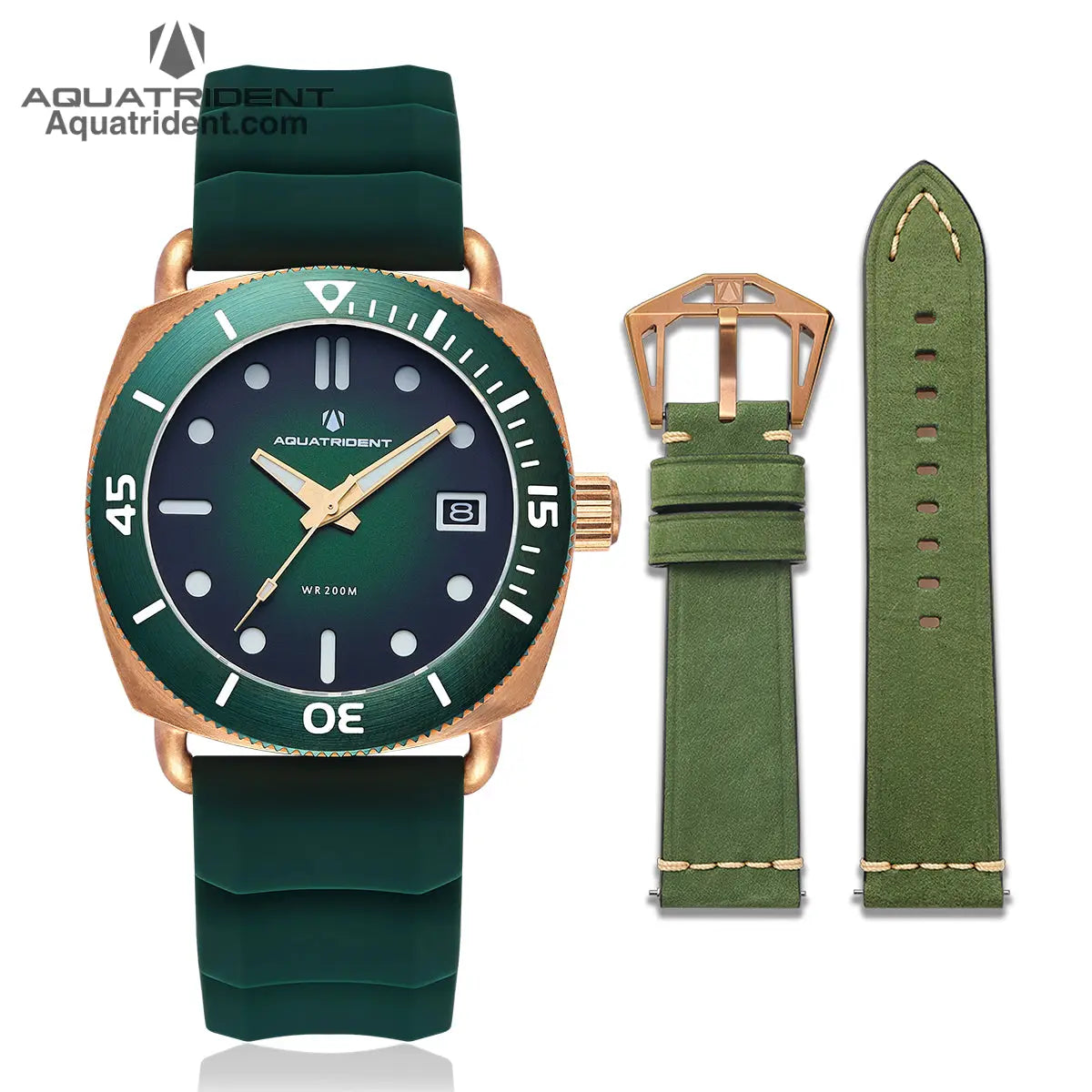 Jaws Bronze Watch. Green Dial/ Genuine Leather 40Mm. Aq-23008-05 Watches