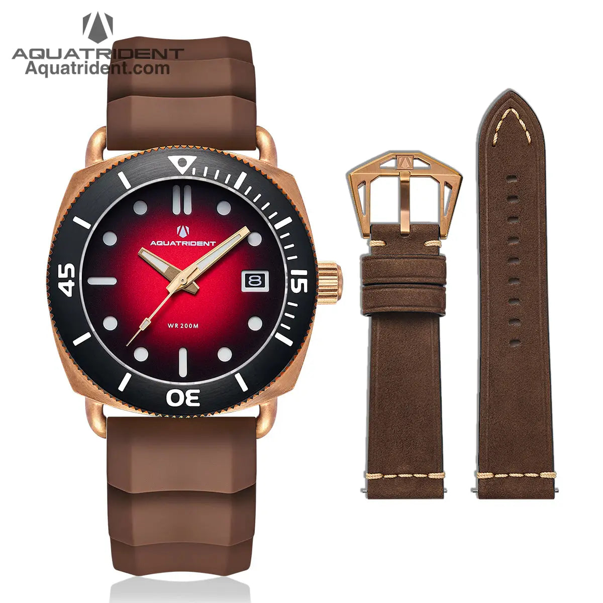 Jaws Bronze Watch. Red Dial/ Brown Genuine Leather 40Mm. Aq-23008-07 Watches