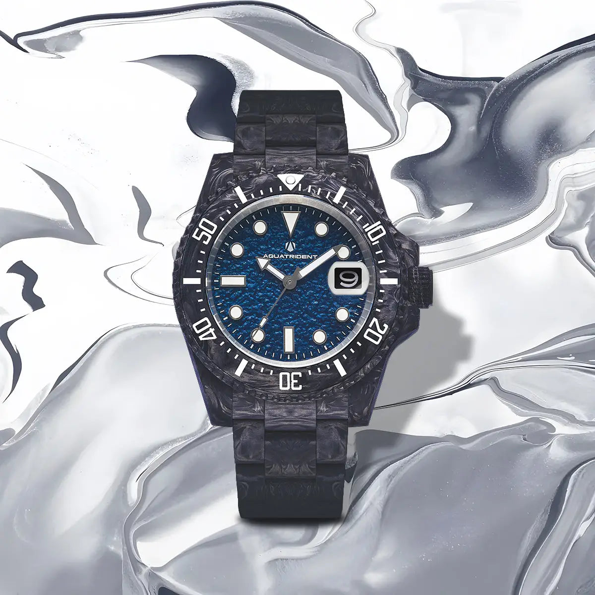 Neptune Carbon Fiber Watch. Blue Dial/ Black Strap With Fiber. 40Mm. Aq-23009-03B