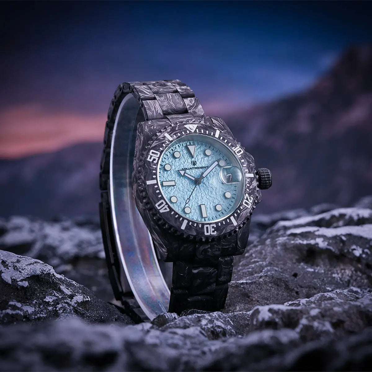 Neptune Carbon Fiber Watch. Ice Blue Dial/ Black Strap With Fiber. 40Mm. Aq-23009-04B