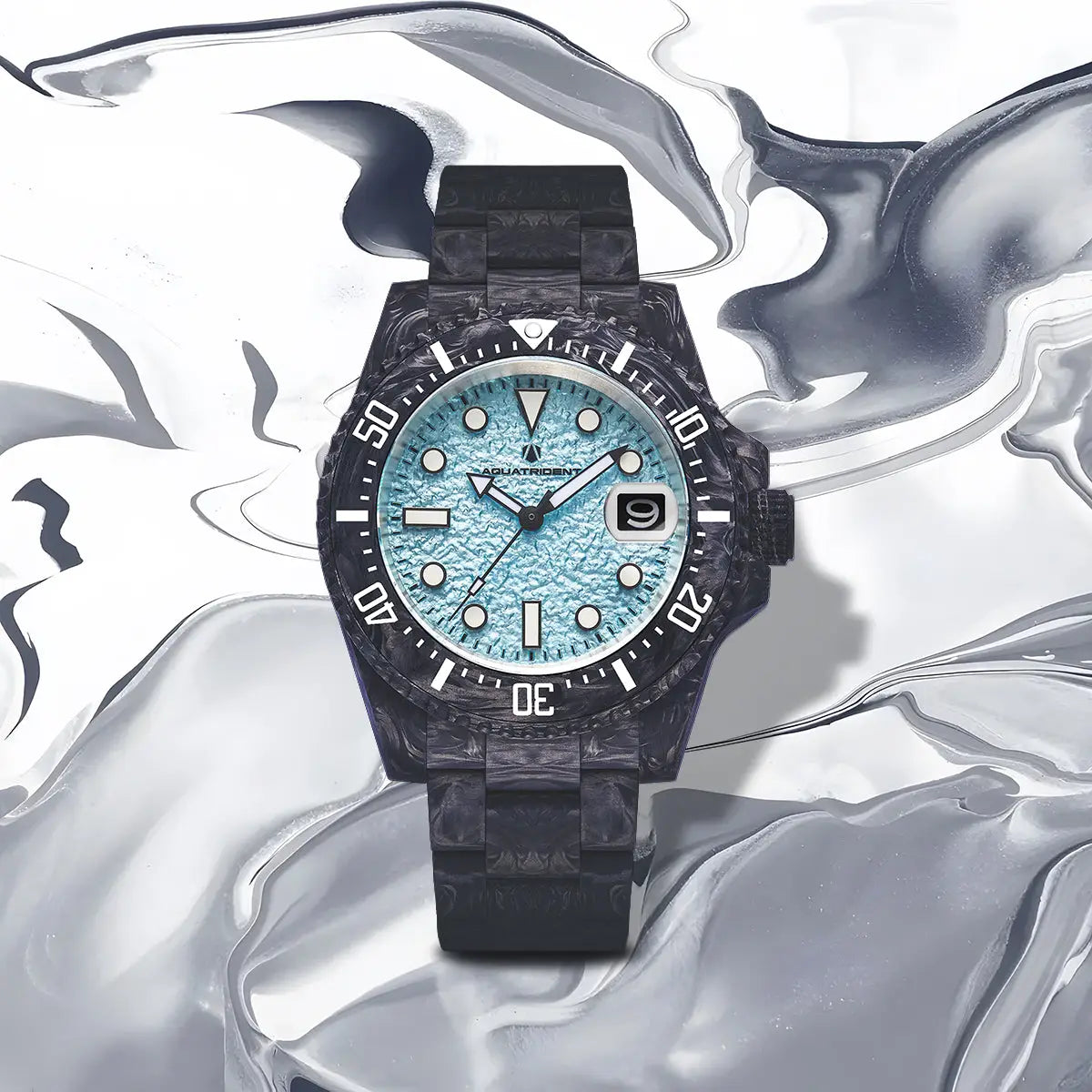 Neptune Carbon Fiber Watch. Ice Blue Dial/ Black Strap With Fiber. 40Mm. Aq-23009-04B