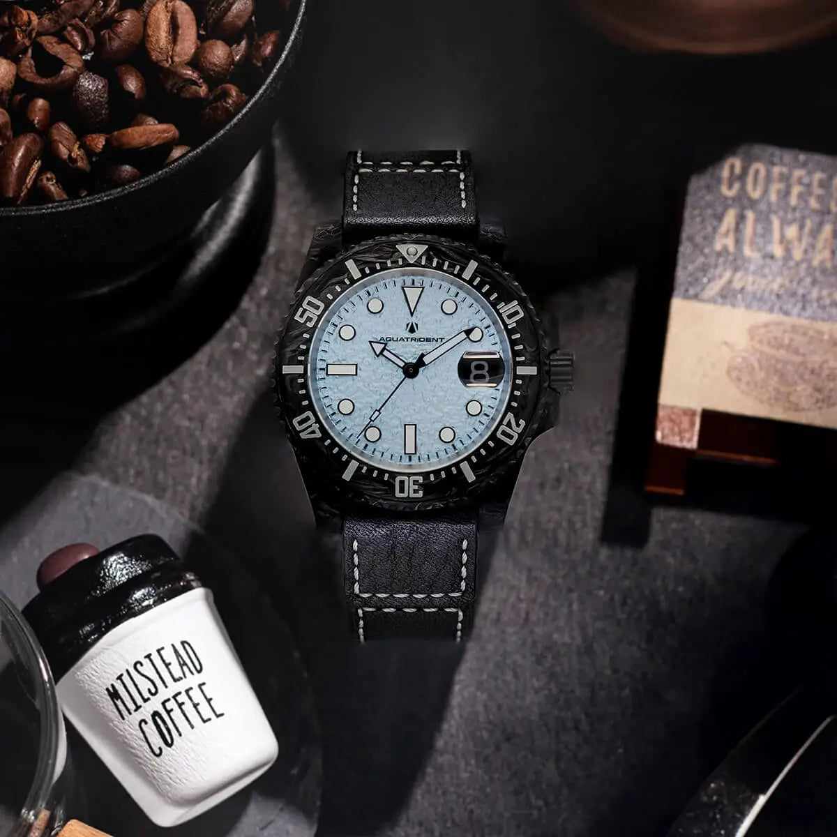 Neptune Carbon Fiber Watch. Ice Blue Dial/ Genuine Leather 40Mm. Aq-23009-04A