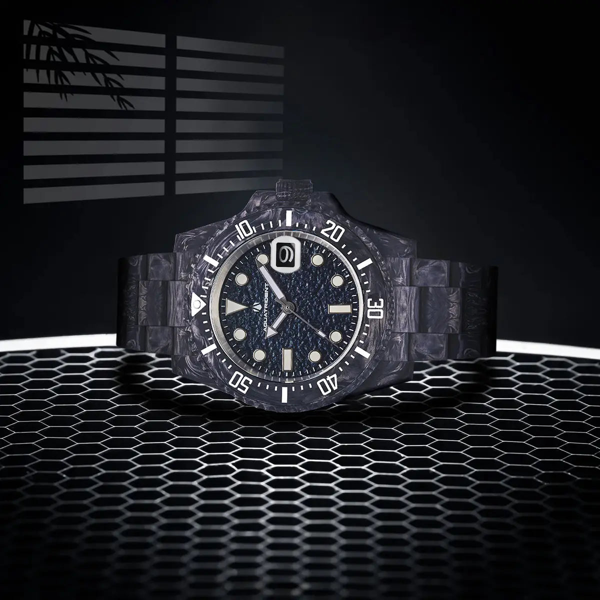 Neptune Carbon Fiber Watch. Navy Blue Dial/ Black Strap With Fiber. 40Mm. Aq-23009-05B