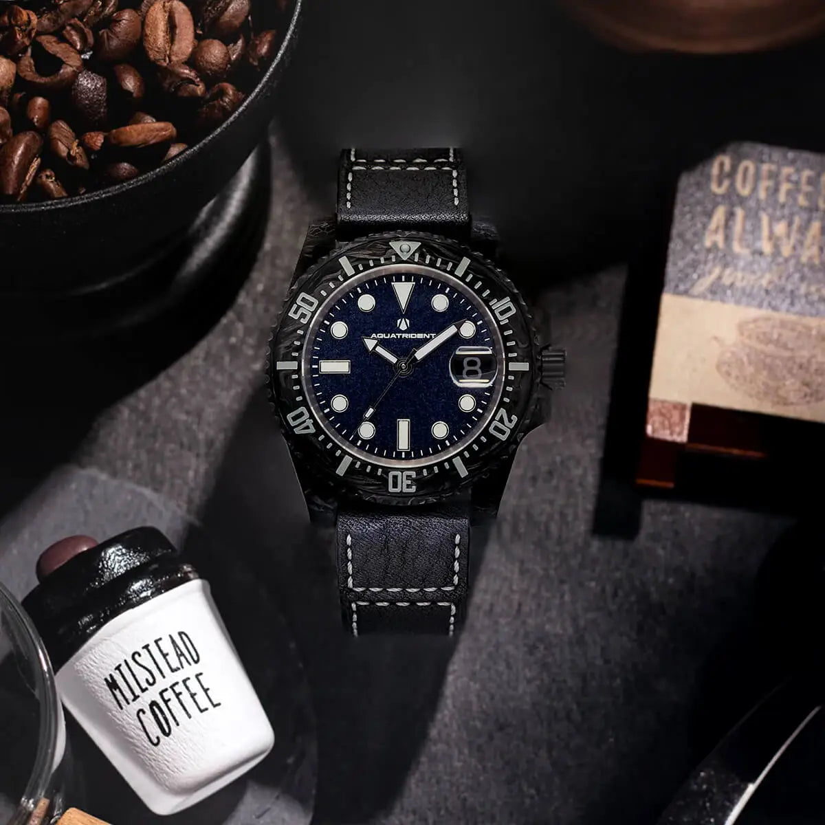 Neptune Carbon Fiber Watch. Navy Blue Dial/ Black Strap With Genuine Leather 40Mm. Aq-23009-05A