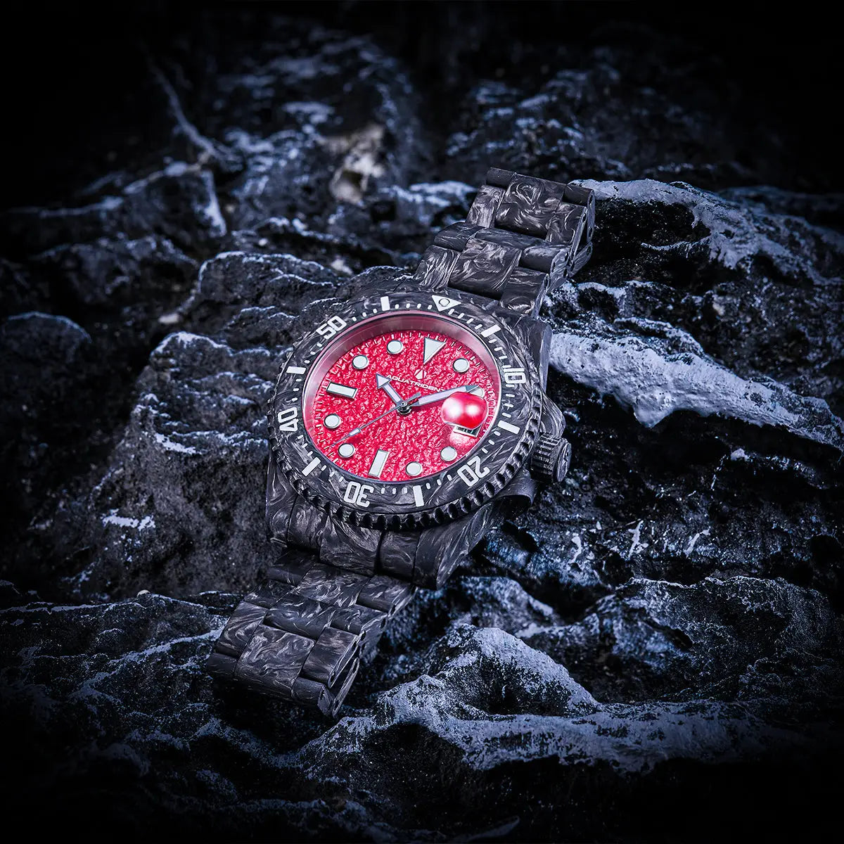 Neptune Carbon Fiber Watch. Red Dial/ Black Strap With Fiber. 40Mm. Aq-23009-01B