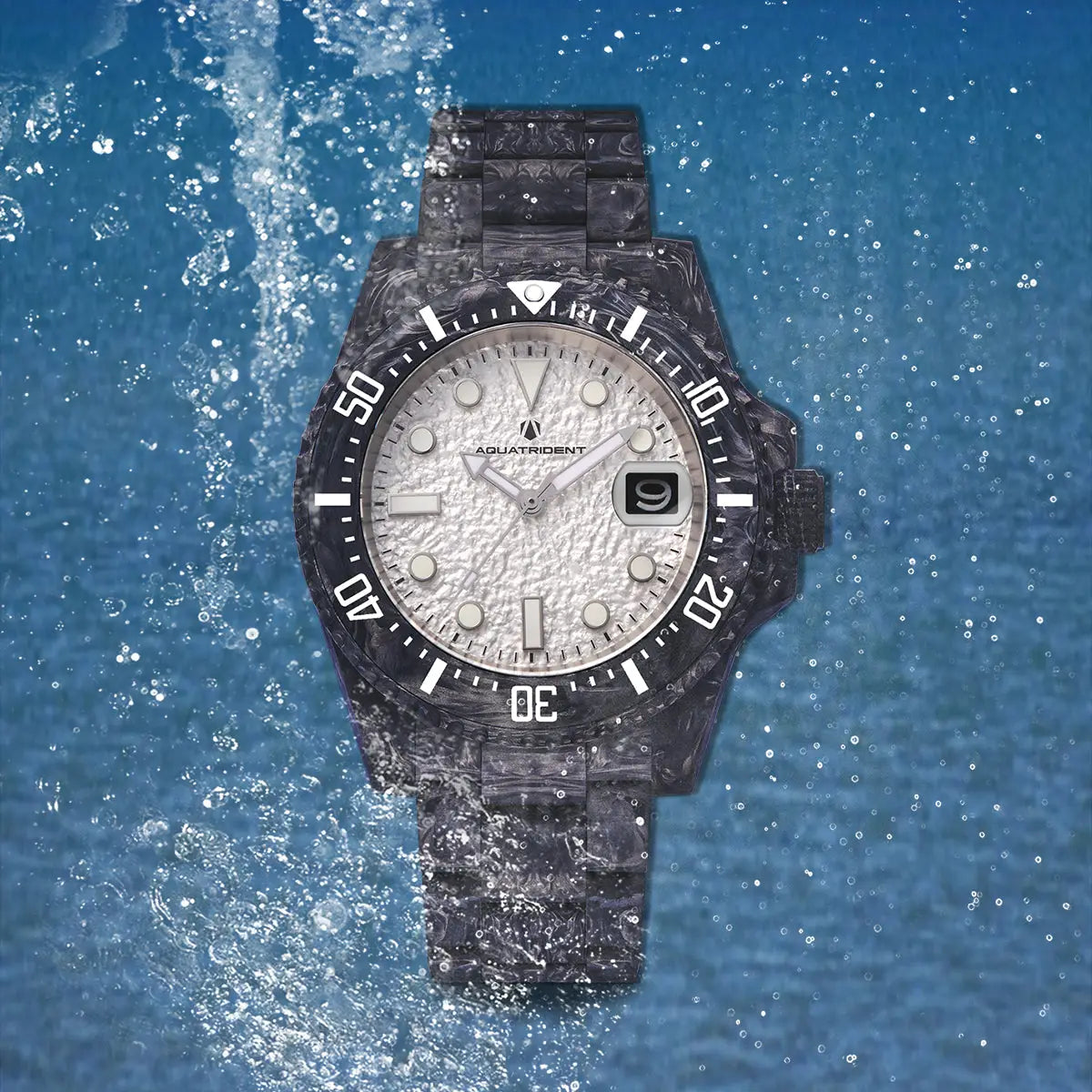 Neptune Carbon Fiber Watch. White Dial/ Black Strap With Fiber. 40Mm. Aq-23009-06B