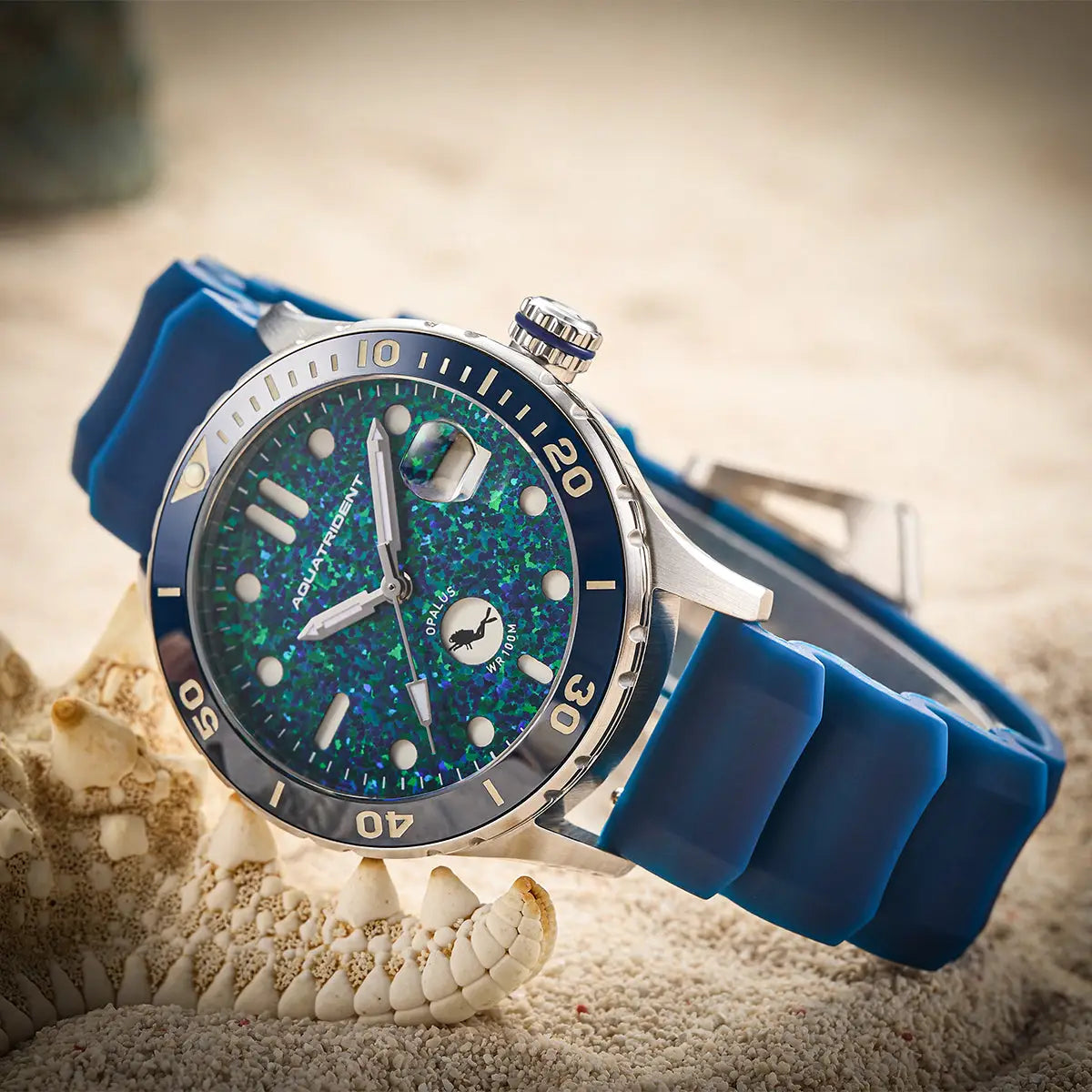 Ocean Watch. Deep Blue Opal Dial. Blue Silicon Strap. 36mm. AQ 23002 0 AquatridentWatch