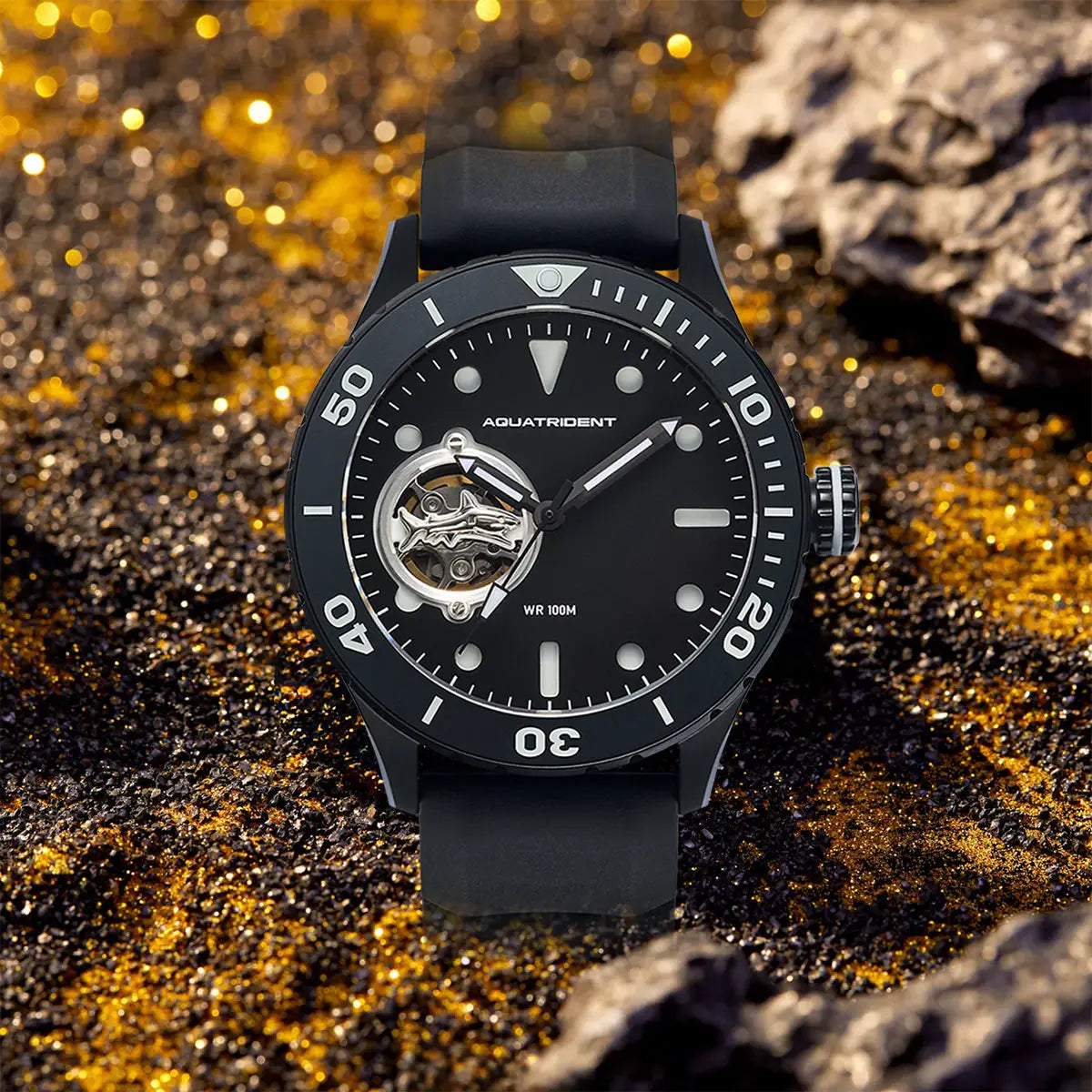 Shark Dive Watch. Black Dial/ Bezel. Fluororubber Strap 40Mm. Aq-23005-03