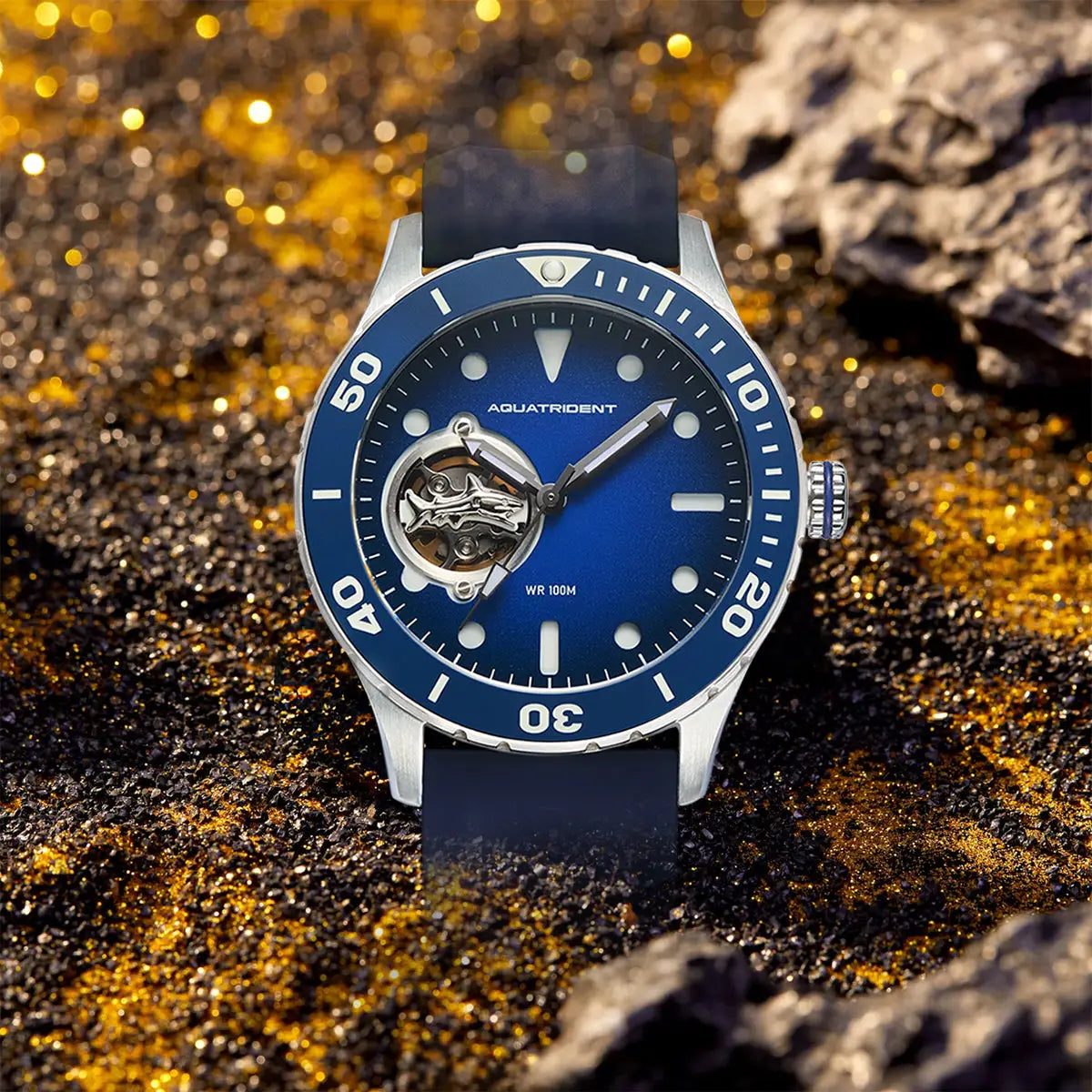 Shark Dive Watch. Blue Dial. Fluororubber Strap. 40Mm. Aq-23005-01